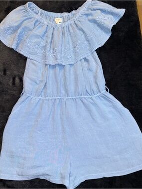 Umgee Blue Off Shoulder Romper Embroidered Boho Ruffle NWT Size Large